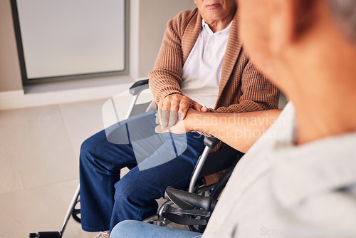 Image of Wheelchair disability, support and elderly people holding hands for support, empathy and senior care in retirement home. Rehabilitation, love and disabled friends together with compassion, trust and