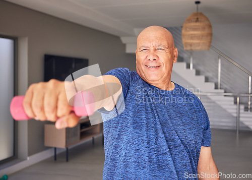 Image of Dumbbell, hand or old man in home fitness workout for power, exercise or strong arms in retirement. Activity, gym or elderly person training or lifting weights for healthy body, wellness or mobility
