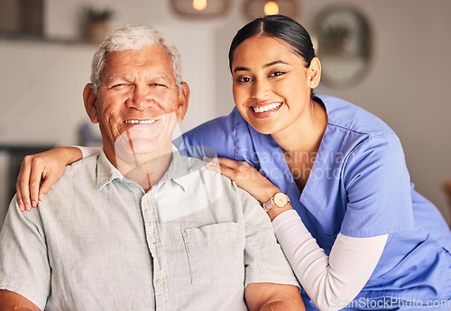 Image of Happy woman, nurse and portrait of senior man with support, medical service and helping patient in retirement. Face of caregiver, elderly person and smile for trust, healthcare and nursing home