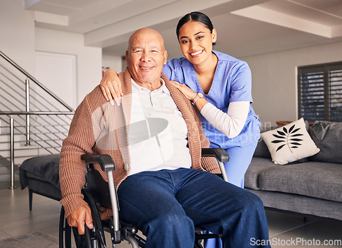 Image of Portrait, nurse and man with disability in wheelchair for medical trust, wellness advice and support at home. Happy patient, caregiver and woman for healthcare, rehabilitation service and helping