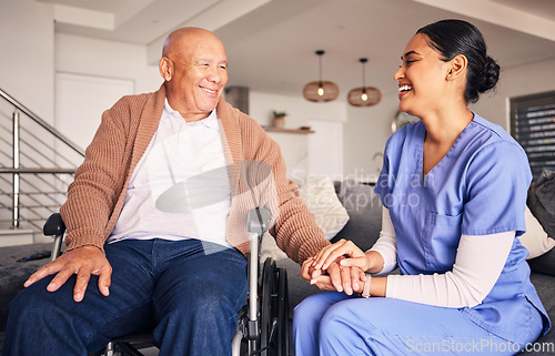 Image of Happy nurse helping man in wheelchair with medical trust, therapy and support in retirement home. Patient with disability, caregiver and woman smile with empathy for rehabilitation service in nursing