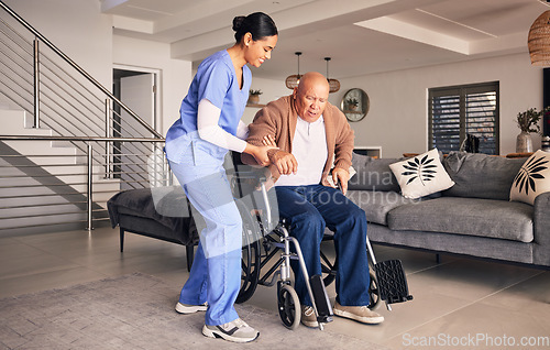 Image of Nurse helping man in wheelchair, home and trust for medical service, physical therapy and support in retirement. Caregiver, woman and aid old patient with disability, rehabilitation and healthcare