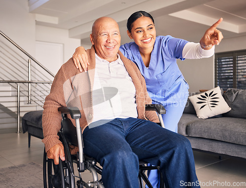 Image of Old man, wheelchair or happy caregiver pointing or talking with healthcare support at nursing home. Smile, hope or positive nurse showing senior patient or elderly person with a disability for help