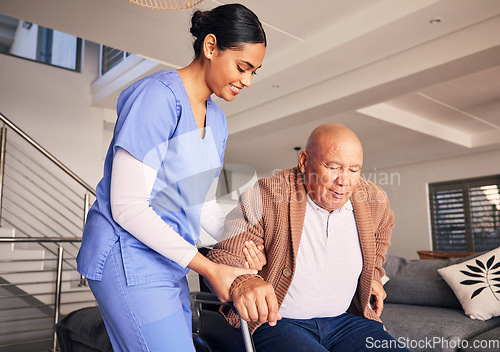 Image of Happy woman, man in wheelchair and support in nursing home for medical service, physical therapy and retirement. Caregiver, nurse and helping patient with disability, homecare and health assistance