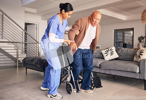 Image of Woman helping man in wheelchair, nursing home and medical service for physical therapy, recovery and retirement. Caregiver, nurse and support patient with disability, rehabilitation and healthcare