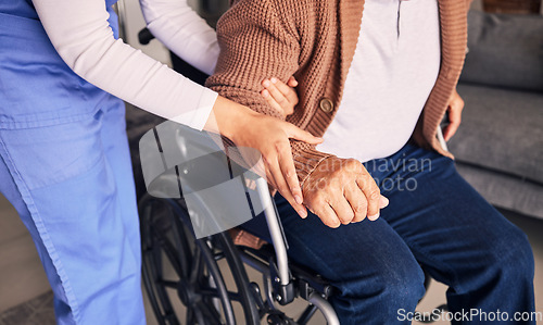 Image of Hands, nurse and patient in wheelchair for support, medical service and physical therapy in retirement home. Closeup of caregiver helping elderly person with disability, healthcare and nursing aid