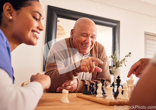 Image of Senior man, nursing home and chess for game, competition and happy with friends, strategy and relax together. Elderly person, nurse and board for contest with mindset, excited smile or point at table