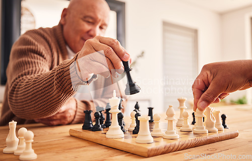 Image of Senior man, home and chess for games, competition and focus with friends, strategy and problem solving. Elderly person, hands and board for contest with mindset, excited smile and moving at table