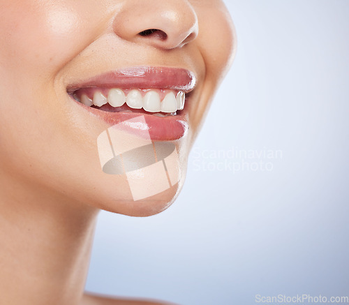 Image of Dental, mouth and woman half in studio with smile for beauty, cosmetics or teeth whitening on white background. Tooth, wellness and female model happy with oral hygiene, orthodontics or fresh breath