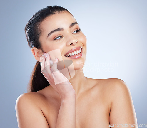 Image of Skincare, beauty and young woman in studio for natural, health or wellness face routine. Cosmetic, self care and beautiful female model with dermatology facial treatment isolated by white background