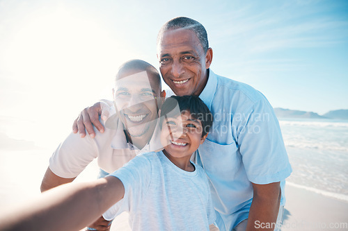 Image of Grandfather, beach and selfie of father and boy on holiday, weekend and vacation in nature. Happy family, travel and portrait of grandpa, dad and child relax by sea for bonding, quality time and fun