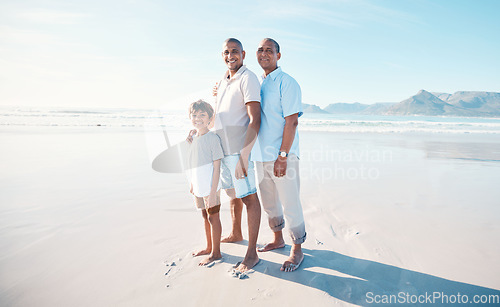 Image of Happy, portrait and family at the beach with a child for walking, holiday or bonding in summer. Smile, male generation and a father, grandfather and kid at the ocean for travel, vacation or together