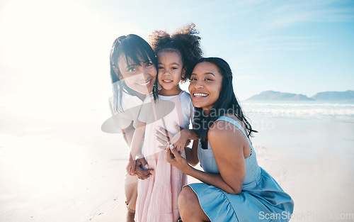 Image of Happy, hug and portrait of family at the beach, walking and bonding together as a female generation. Smile, affection and grandmother, mother and little girl at the sea for summer, relax and vacation