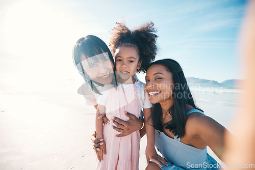Image of Selfie of mother, daughter and grandmother on the beach together during summer for vacation or bonding. Portrait, family or children and a little girl in nature with her parent and senior grandparent