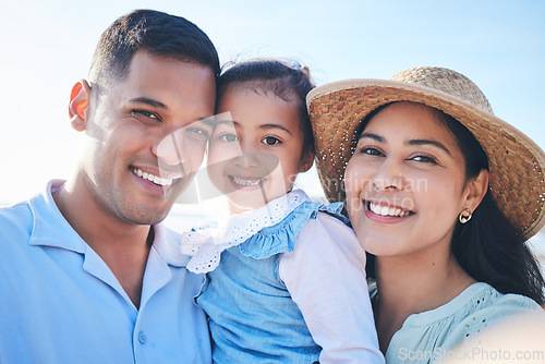 Image of Family, portrait and girl in selfie with happiness in summer for quality time on vacation. Memory, love and kid with parent with smile in outdoor for bonding on weekend with travel for adventure.