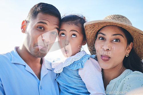 Image of Face, family and funny with selfie on vacation for bonding with children in outdoor for travel. Silly, portrait and love and kids or parents on holiday for quality time, adventure or goofy people.