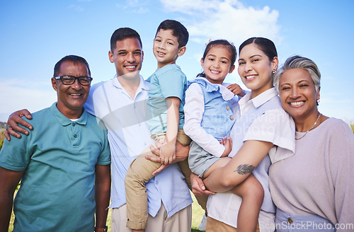 Image of Big family, children and happy portrait on blue sky outdoor for fun, adventure and play on vacation. Young parents, grandparents and kids or Mexican people on nature holiday or at park with a smile