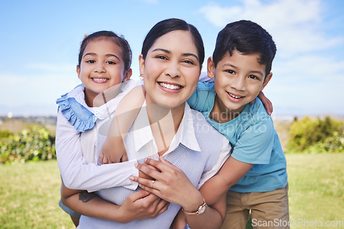 Image of Happy mother, portrait and hug with kids in nature for quality time, bonding or love together outdoors. Mom, smile and children in piggyback enjoying summer weekend, holiday or vacation in the park