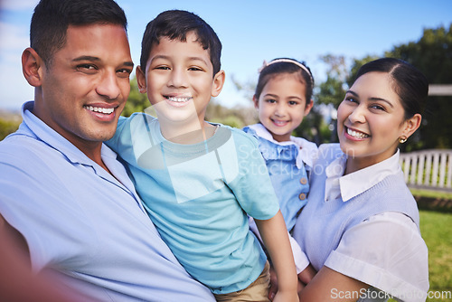 Image of Portrait , happy and selfie with family in garden for bonding in summer with children on weekend. Kids, memory and face with parents in outdoor for quality time with love in nature with smile.