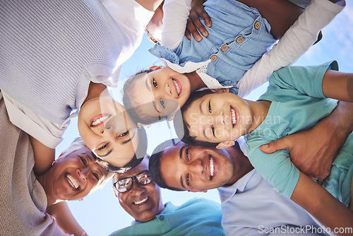 Image of Happy big family, portrait and holiday together below for weekend vacation or travel in unity outdoors. Low angle of parents, grandparents and children smile enjoying summer bonding or quality time