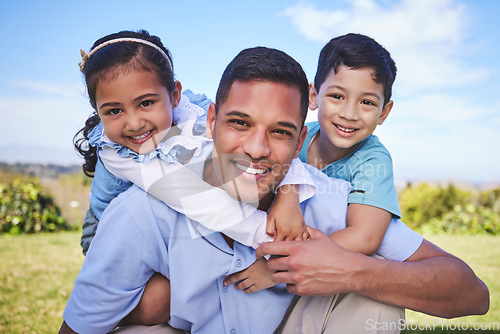 Image of Happy father, portrait and hug with kids for quality time, bonding or love together in nature outdoors. Dad smile with children in piggyback enjoying summer weekend, holiday or vacation in the park