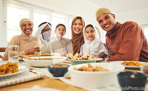 Image of Food, portrait and muslim with big family at table for eid mubarak, Islamic celebration and lunch. Ramadan festival, culture and iftar with people eating at home for fasting, holiday and religion