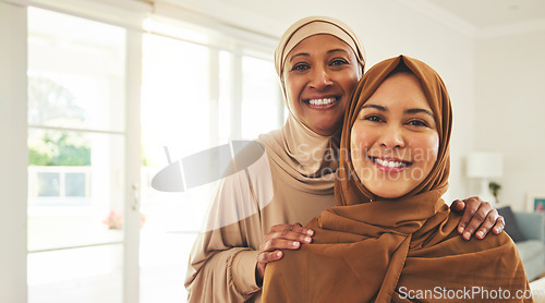 Image of Happy portrait, senior mother and muslim daughter, family or women bonding, smile and enjoy quality time together. Love, face and elderly mom, Islamic woman or Arabic people in Dubai holiday home