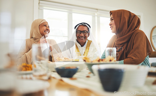 Image of Food, conversation and muslim with big family at table for eid mubarak, Islamic celebration and lunch. Ramadan festival, culture and iftar with people eating at home for fasting, religion and holiday