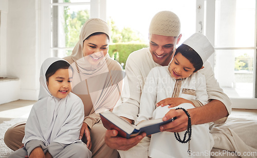 Image of Happy family, Muslim parents or children reading book for learning, Islamic knowledge or studying in Allah or God. Support, dad or Arabic mom teaching kids worship, prayer or holy Quran at home