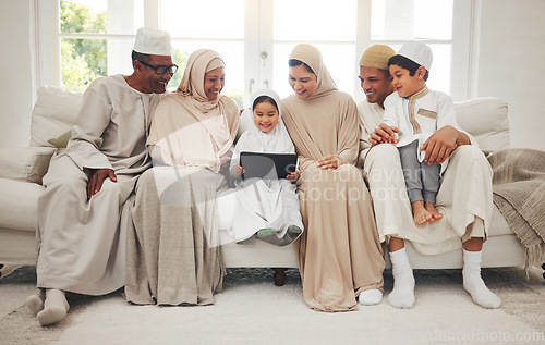 Image of Happy family, Muslim parents or kids with tablet for elearning, Islamic info or studying in Allah or God. Grandparents, father or Arab mom with kids reading online ebook on worship prayer at home