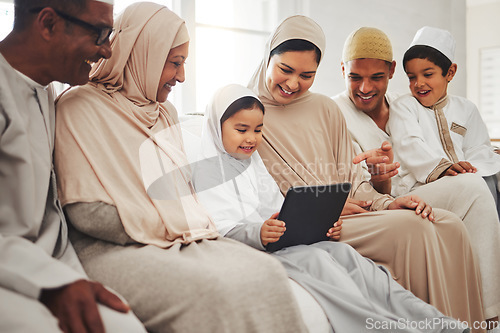 Image of Big family, Muslim parents or happy kids with tablet for learning, Islamic info or studying in Allah or God. Grandparents, dad or Arabic mom with kids reading online ebook on worship prayer at home