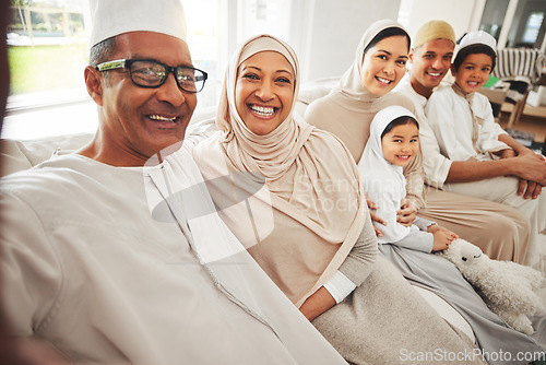 Image of Selfie, Islam and big family on couch for Eid, parents and grandparents with kids in happy home in Dubai. Portrait of Muslim men, women in hijab and children, generations on sofa together in lounge.