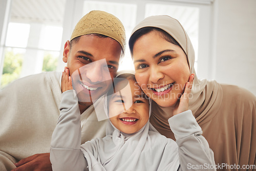 Image of Islam, portrait and smile, parents and kid in living room for Eid with mom, dad and daughter with home culture. Face of Muslim man, woman in hijab and child in Ramadan on sofa together in Indonesia.