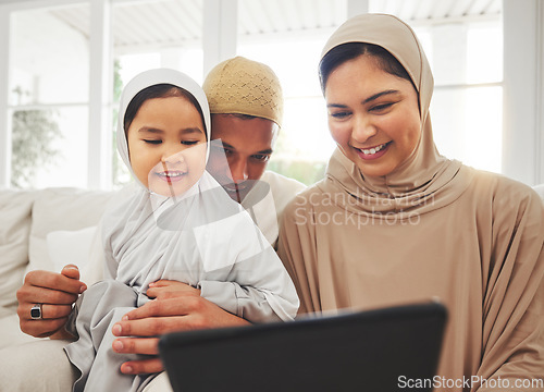 Image of Happy family, girl or Muslim parents with tablet for elearning, Islamic info or studying in Allah or God. Child development, dad or Arab mom with kid reading online ebook on social media at home