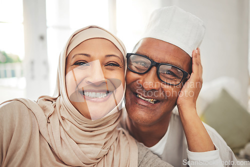 Image of Portrait, Islam and senior couple in living room for Eid with smile, culture and love in home in Morocco. Face of elderly Muslim man, happy woman in hijab and happiness in marriage on sofa together.