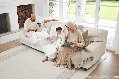 Image of Quran, Muslim parents or children reading for learning, Islamic knowledge or studying in Allah, god or culture. Support, father or Arabic mom teaching kids worship, prayer or holy book at family home
