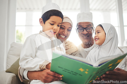 Image of Happy family, Muslim parents or kids reading book for learning, Islamic info or studying Allah. Support, father or Arab mom teaching lovely children siblings worship, prayer or knowledge at home