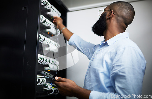 Image of Server room, tablet and technician man with cable for internet connection for software programming. Engineer black person with tech for cybersecurity, hardware wire or maintenance in data center