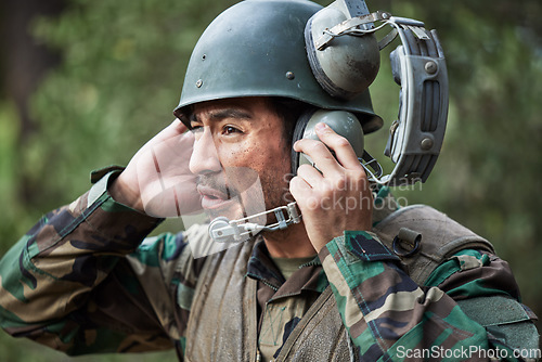 Image of Radio, communication and military soldier talking with leadership in war or officer in army training with technology in emergency. Contact, control room and discussion of conflict or battlefield