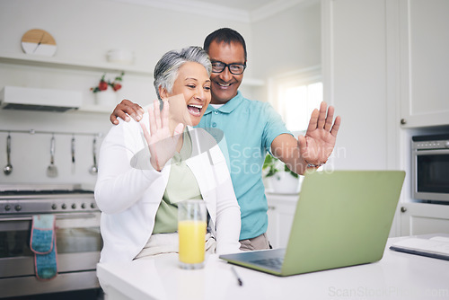 Image of Senior couple, laptop and hello for video call with internet connection, communication and wave. A man and woman together at home while happy and excited for virtual or online chat with technology