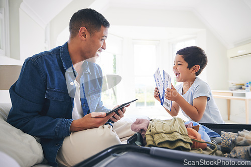 Image of Plane ticket, luggage and father with excited family and holiday suitcase with dad and son. Home, bag and helping in a bedroom for vacation and packing with papa and boy kid together with a smile