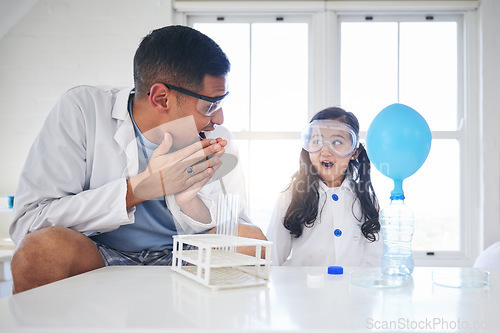 Image of Wow, education and a father and child doing science, learning innovation and lab work in a house. Happy, surprise and a young dad doing an experiment or project with a girl and studying chemistry