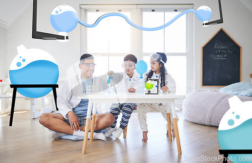 Image of Father, children and learning science in home with balloon, bottle and overlay for experiment. Chemistry education, smile and dad teaching kids physics, studying and stem development for homeschool.