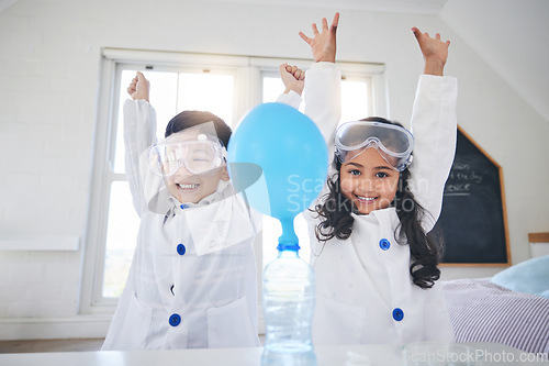 Image of Portrait, children science and siblings winning in a home with a balloon for education, learning or experiment. Wow, motivation or celebration with happy boy and girl scientist in success or surprise