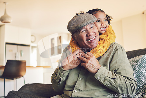 Image of Hug, grandparent playing or happy child in family home on sofa with love or care bonding together. Piggyback, living room couch or senior grandfather with young girl, smile or kid to relax in house