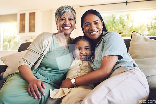 Image of Mother, grandma or portrait of happy family on a sofa with love enjoying quality bonding together in home. Smile, affection or girl child hugging mom or senior grandparent on house couch with care