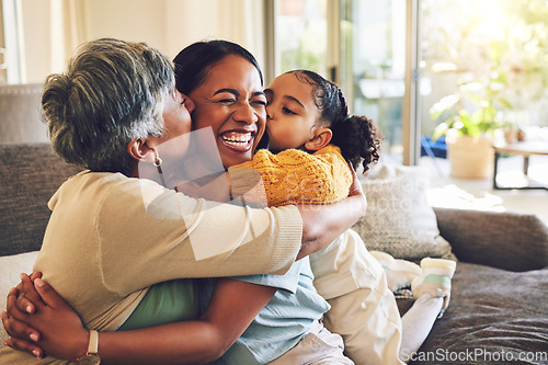 Image of Grandma, mother and hug child, kiss in home and bonding together, funny and laughing. Happy, mom and embrace kid, grandmother and smile with care, love and enjoying quality time on sofa with family.