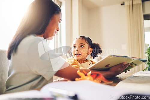 Image of Happy, help and a mother with a child for reading, teaching and support with homework. Family, house and a mom and girl kid learning knowledge from a book and studying together for education