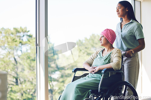 Image of Senior woman cancer, wheelchair or daughter by window while thinking of treatment, healthcare and medical support. Elderly person with a disability, patient or caregiver help in home with future idea