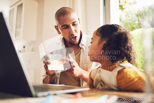 Image of Parent, teaching and girl for education in home with laptop and homework for growth. Father, kid and learning for knowledge with reading assignment or support for childhood development with help.